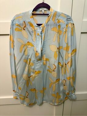 Reiss Light Blue Silk Floral Blouse with Yellow Print